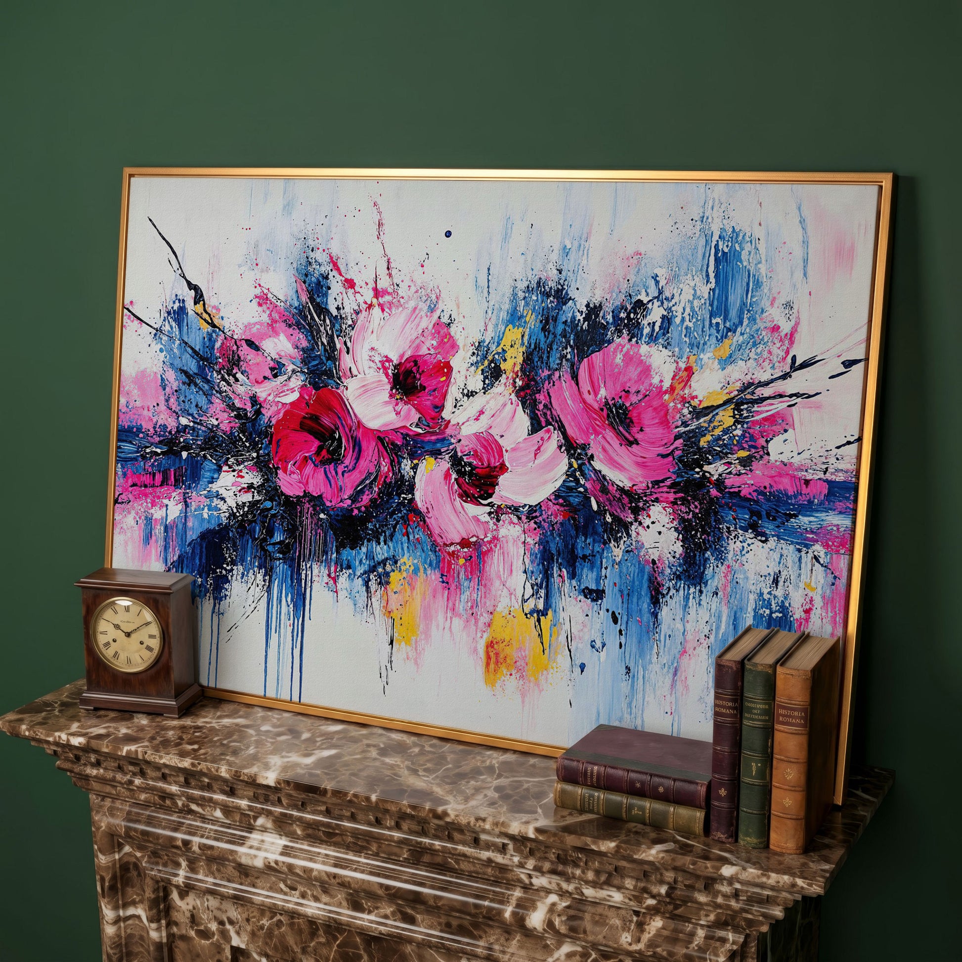 Abstract Floral Splatter Canvas Print in antique gold floating frame