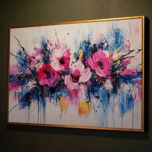 Abstract Floral Splatter Canvas Print shown in antique gold floating frame