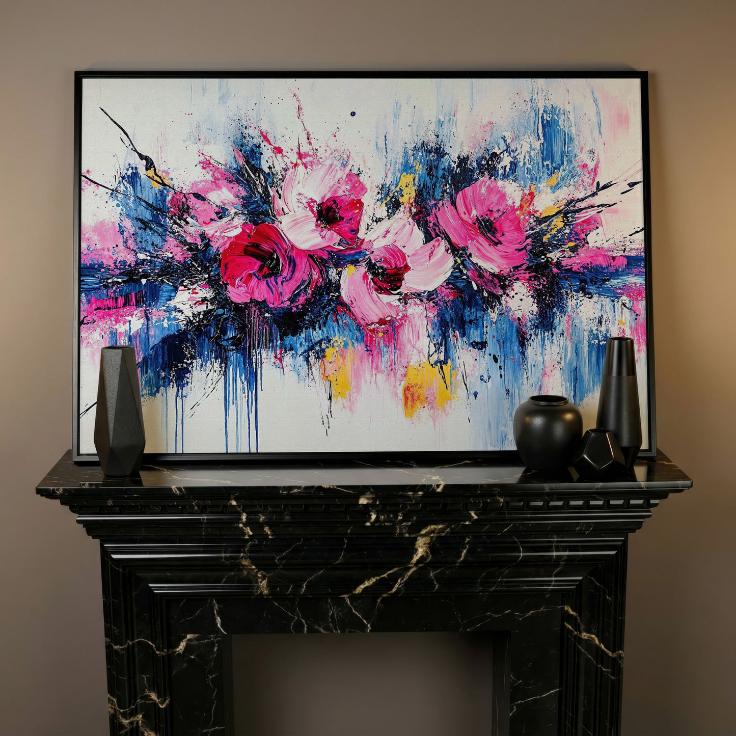 Abstract Floral Splatter Canvas Print in black floating frame