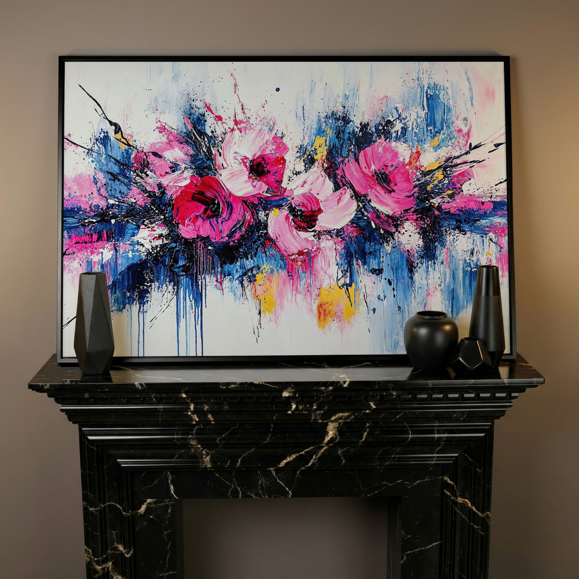 Abstract Floral Splatter Canvas Print in black floating frame