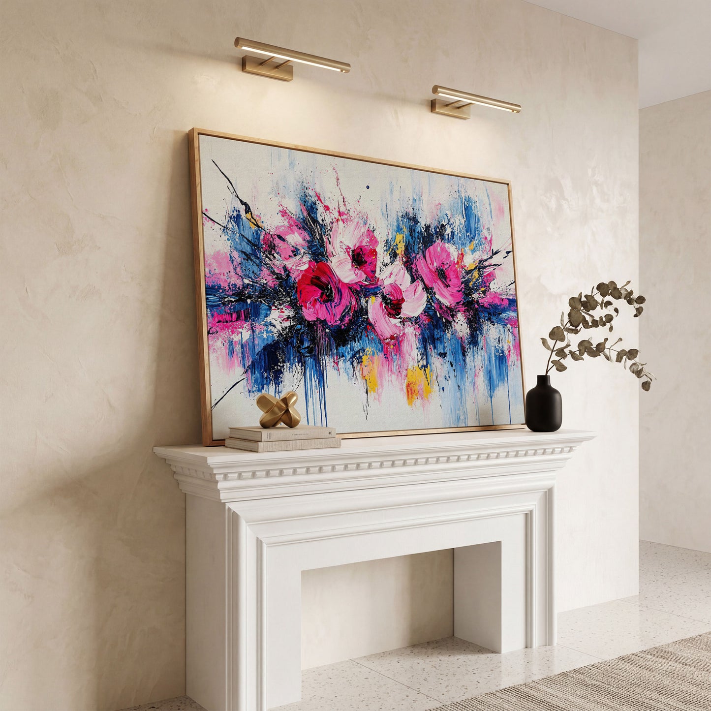 Abstract Floral Splatter Canvas Print in white oak floating frame