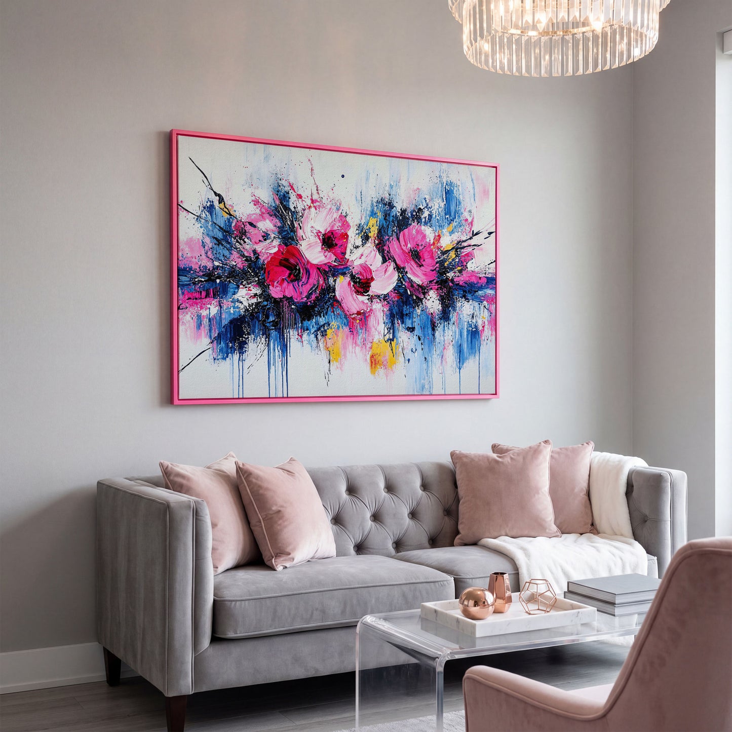 Abstract Floral Splatter Canvas Print in pink floating frame