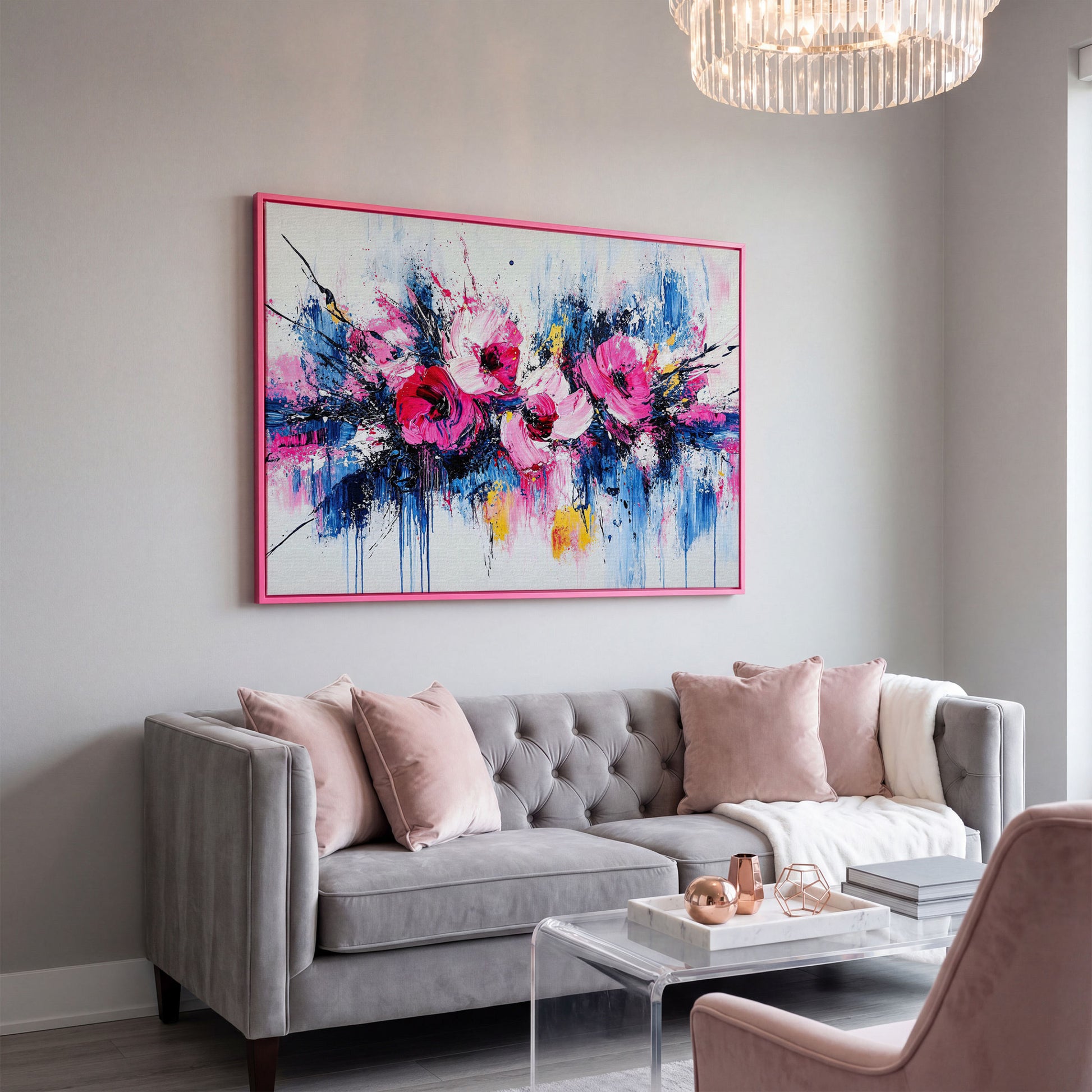 Abstract Floral Splatter Canvas Print in pink floating frame