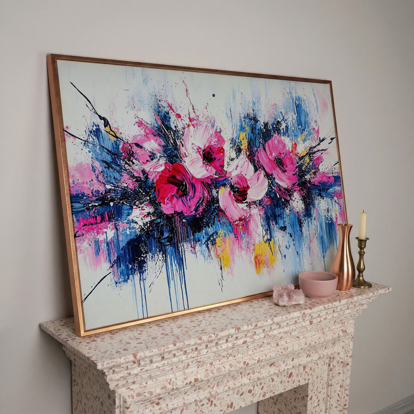 Abstract Floral Splatter Canvas Print in rose gold floating frame