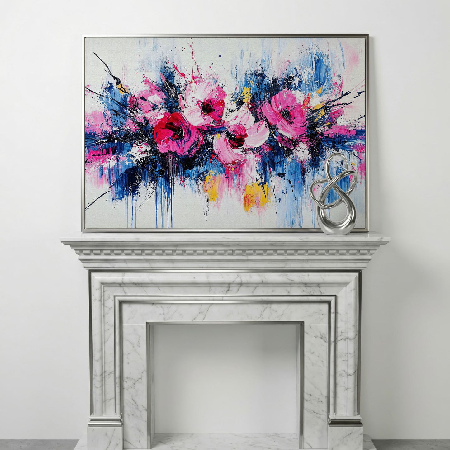 Abstract Floral Splatter Canvas Print in silver floating frame