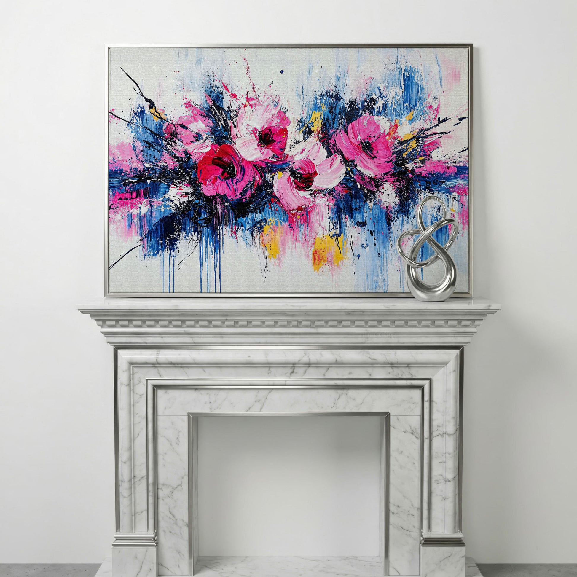 Abstract Floral Splatter Canvas Print in silver floating frame