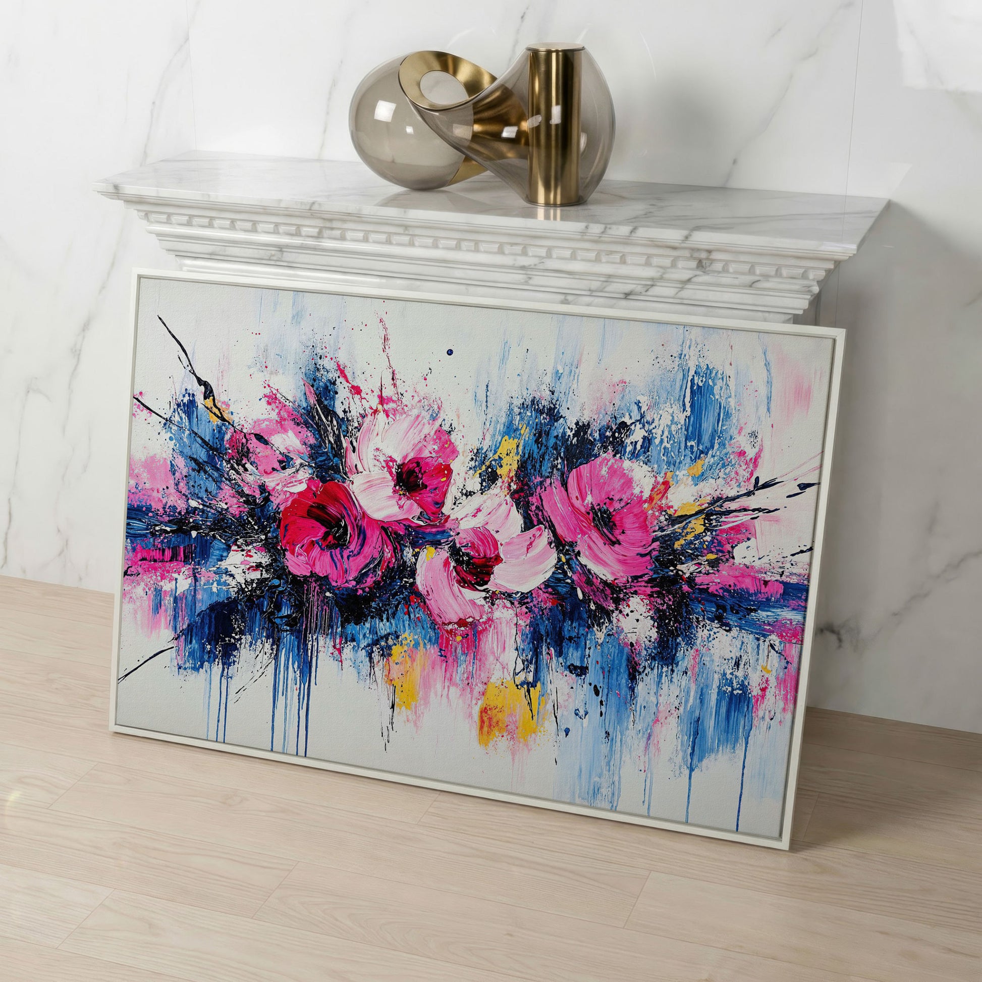 Abstract Floral Splatter Canvas Print in white floating frame