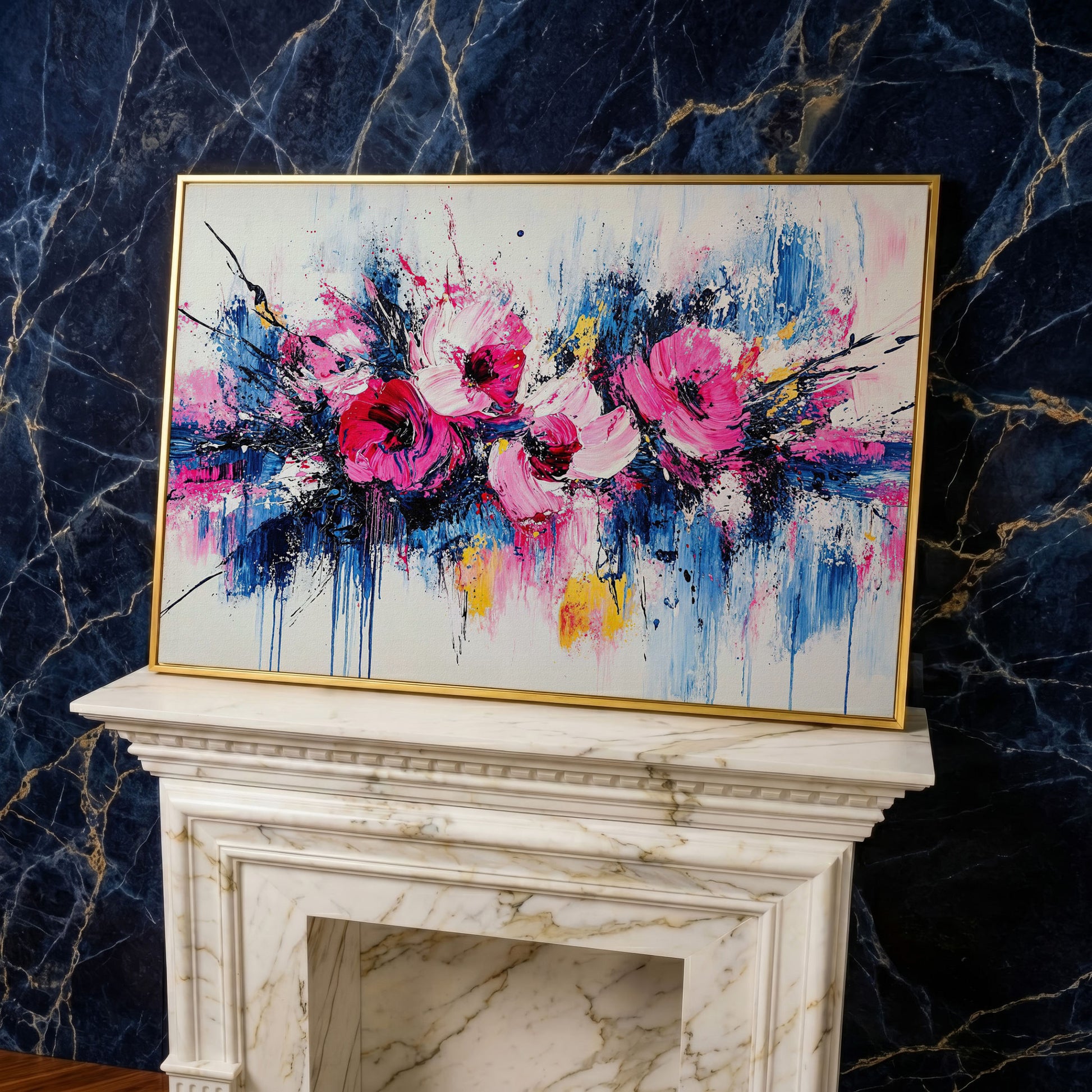 Abstract Floral Splatter Canvas Print in yellow gold floating frame