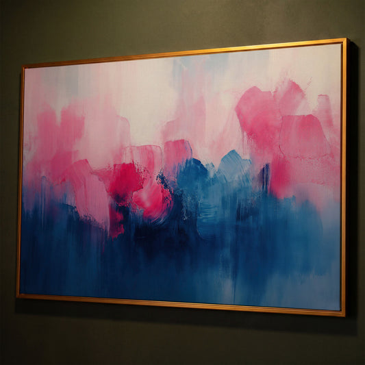 Abstract Pink and Blue Dreamscape Canvas shown in antique gold floating frame