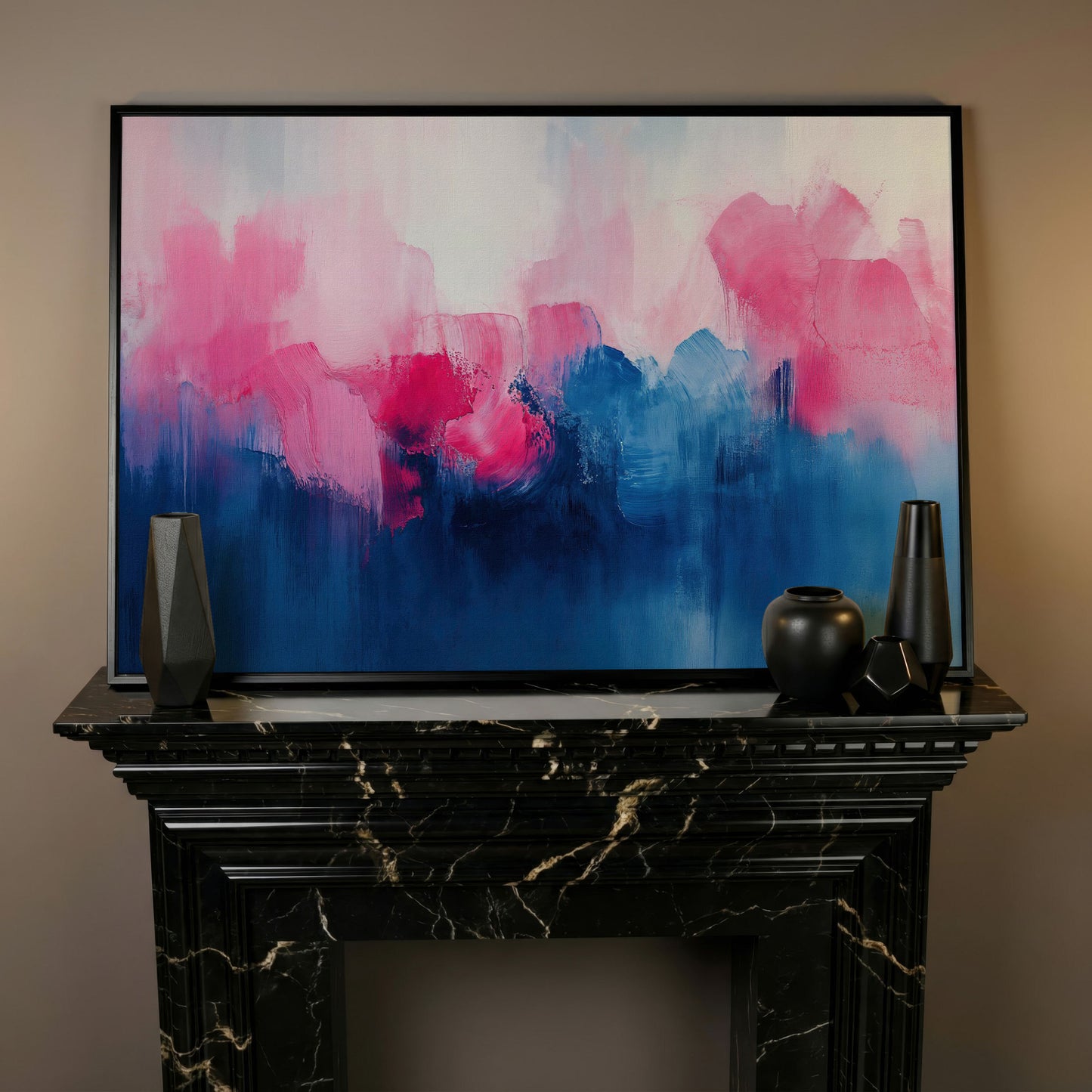 Abstract Pink and Blue Dreamscape Canvas in black floating frame