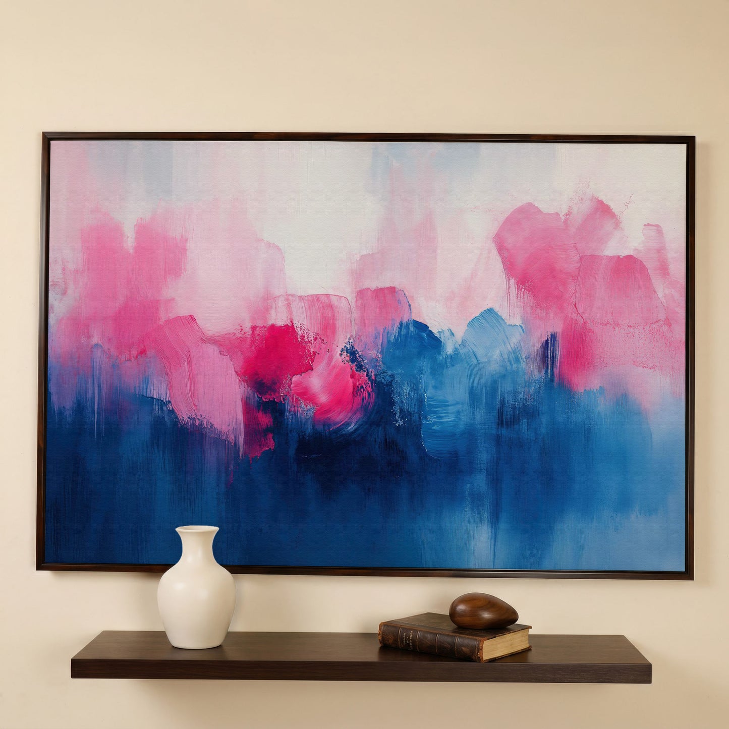 Abstract Pink and Blue Dreamscape Canvas in dark walnut floating frame