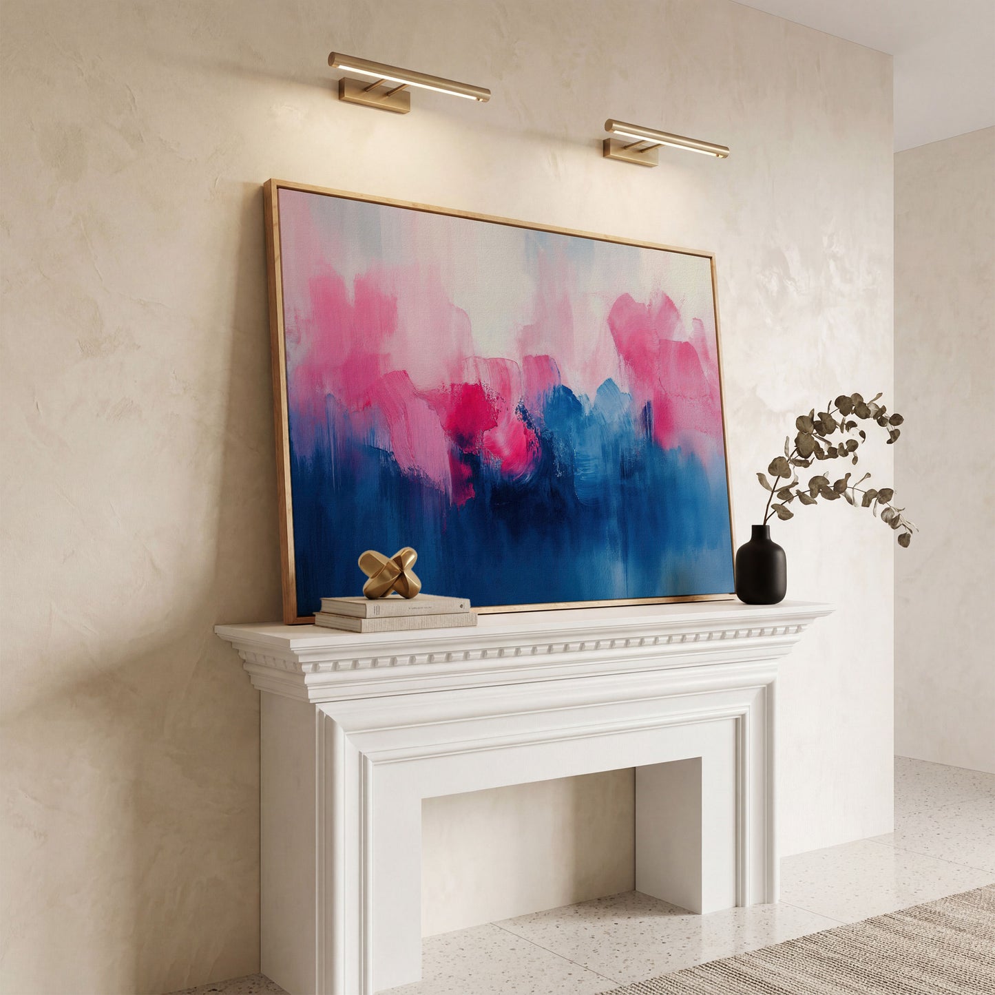 Abstract Pink and Blue Dreamscape Canvas in white oak floating frame