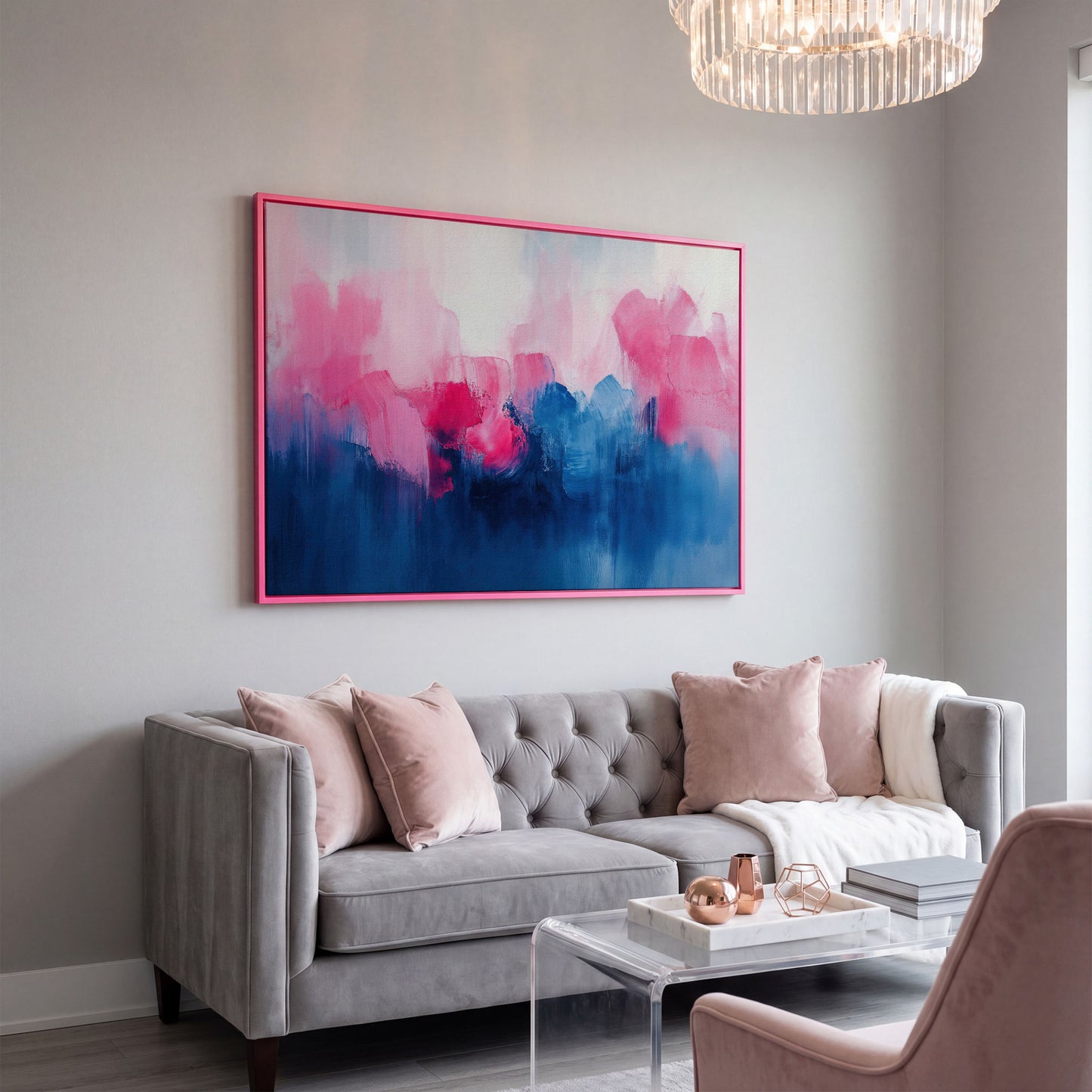 Abstract Pink and Blue Dreamscape Canvas in pink floating frame