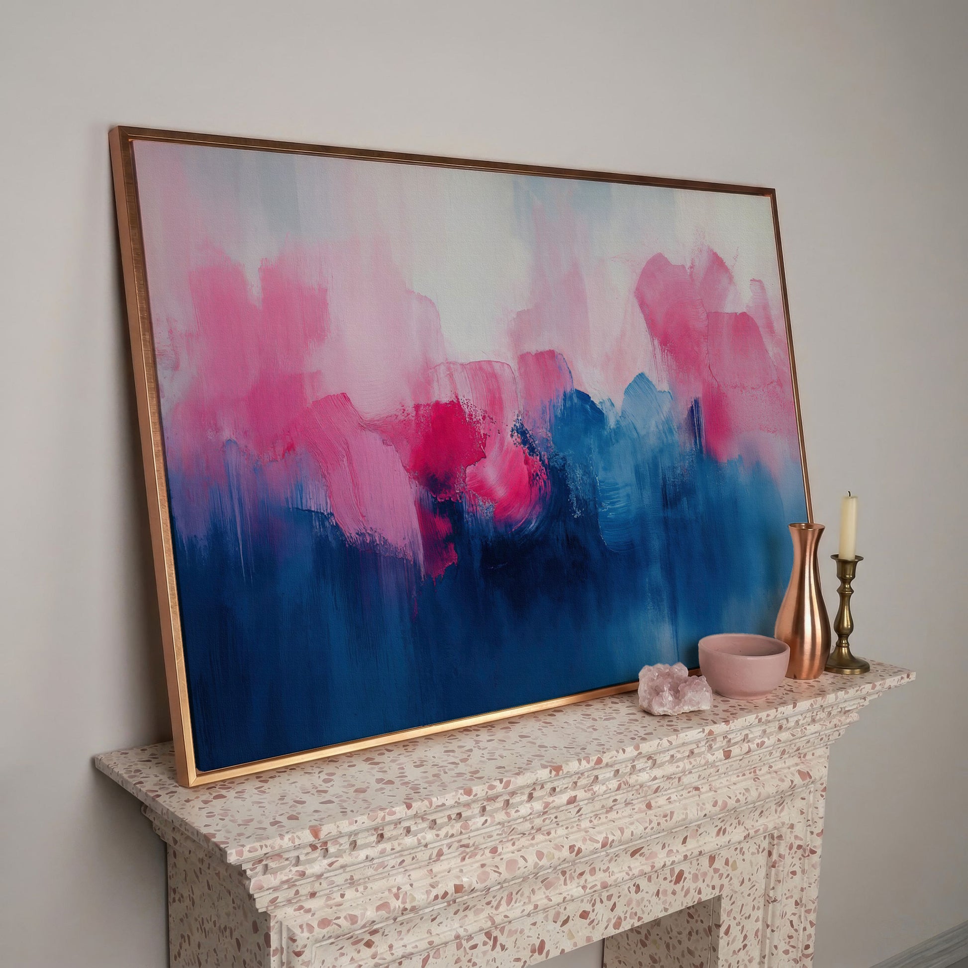 Abstract Pink and Blue Dreamscape Canvas in rose gold floating frame