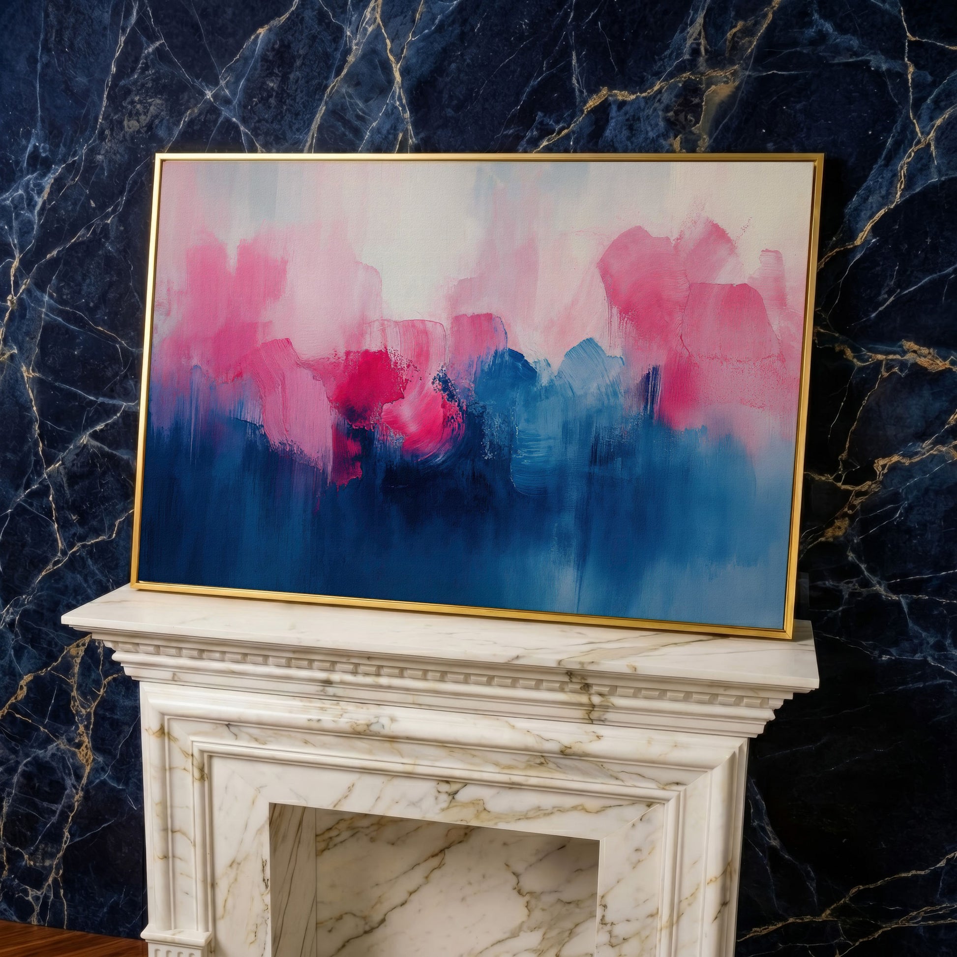 Abstract Pink and Blue Dreamscape Canvas in yellow gold floating frame