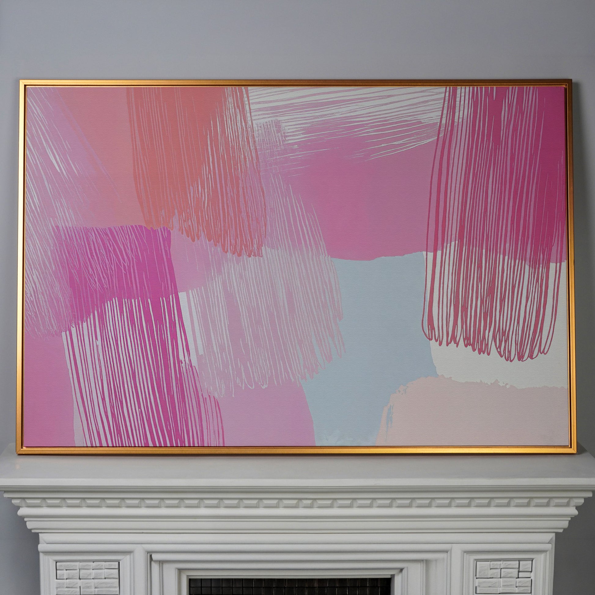 Pink Hues Abstract Canvas with Pastel Lines in antique gold floating frame