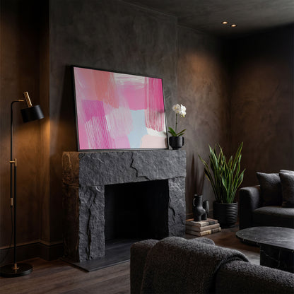 Pink Hues Abstract Canvas with Pastel Lines in black floating frame