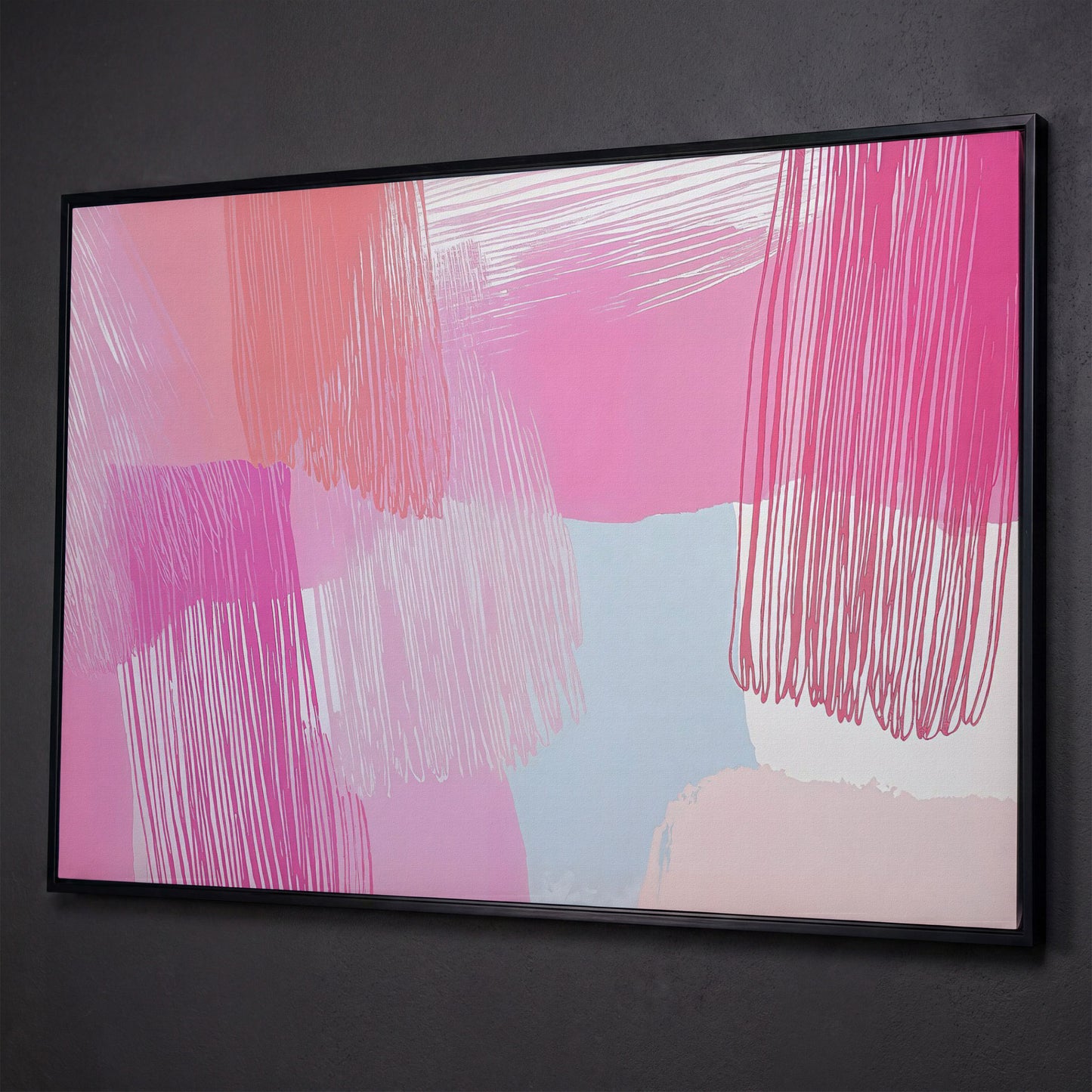 Pink Hues Abstract Canvas with Pastel Lines shown in black floating frame