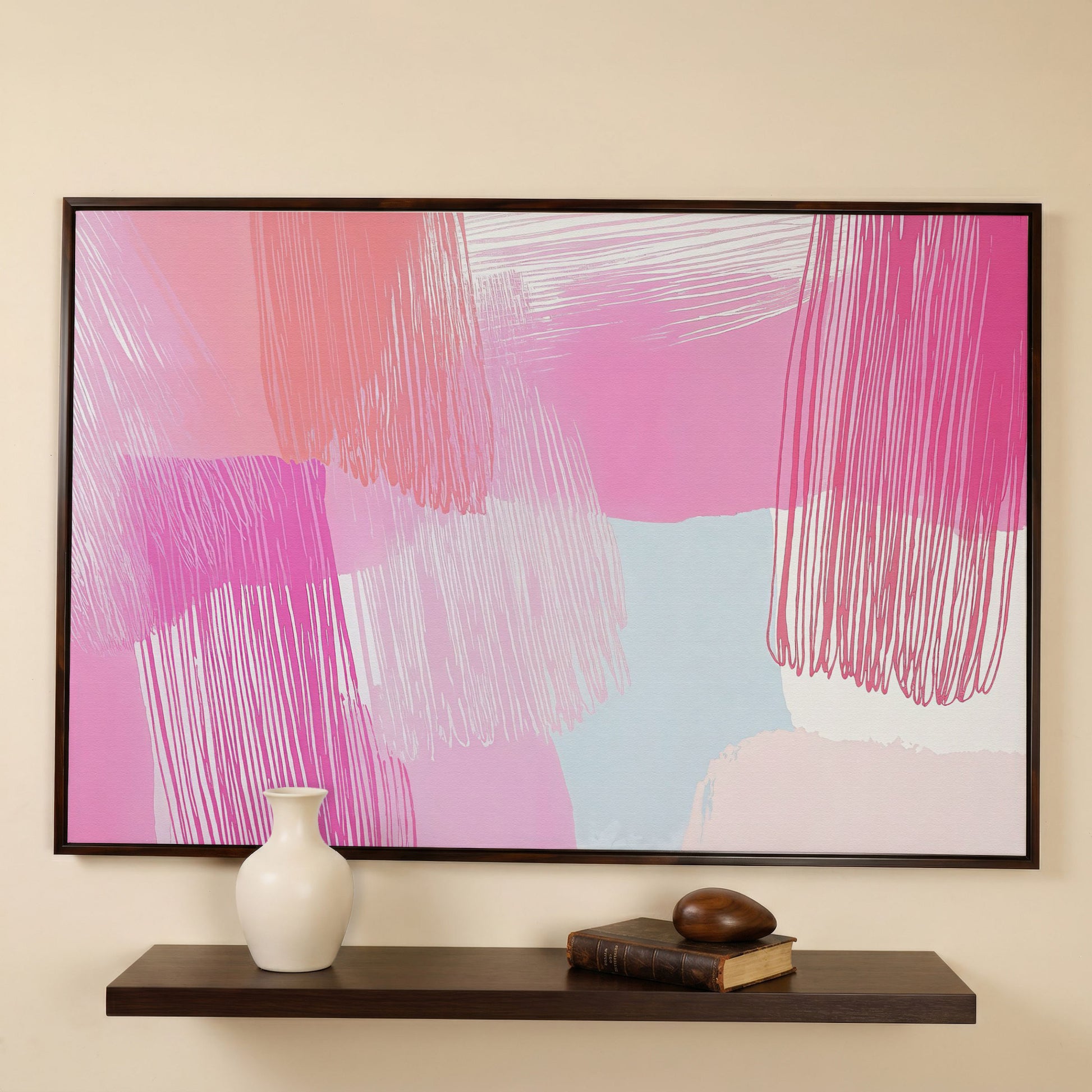 Pink Hues Abstract Canvas with Pastel Lines in dark walnut floating frame