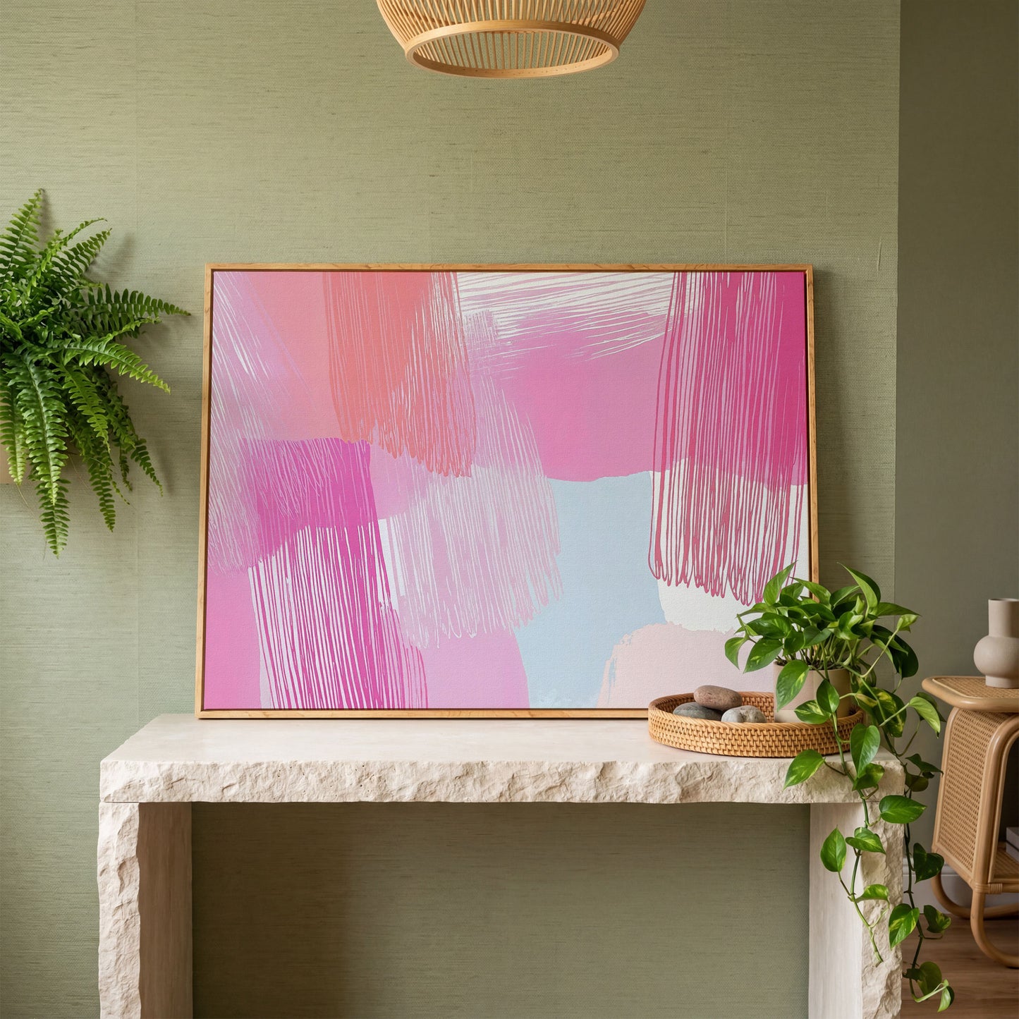 Pink Hues Abstract Canvas with Pastel Lines in white oak floating frame