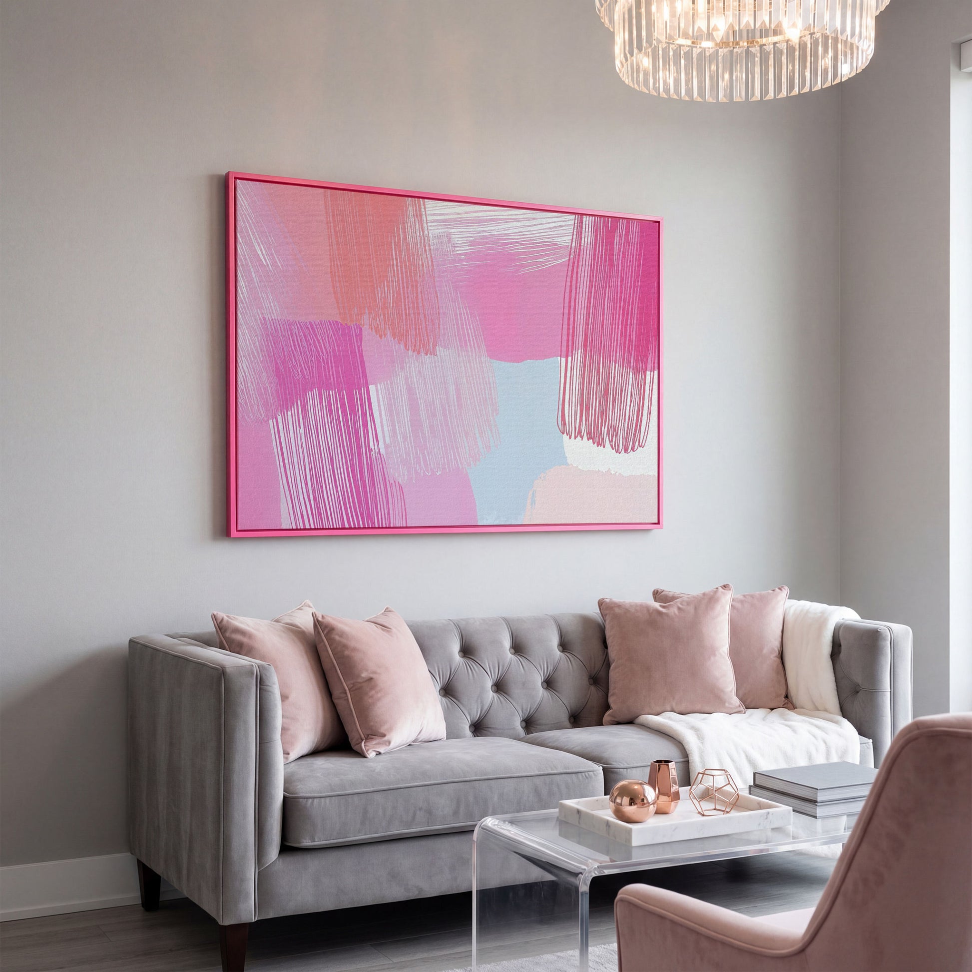 Pink Hues Abstract Canvas with Pastel Lines in pink floating frame