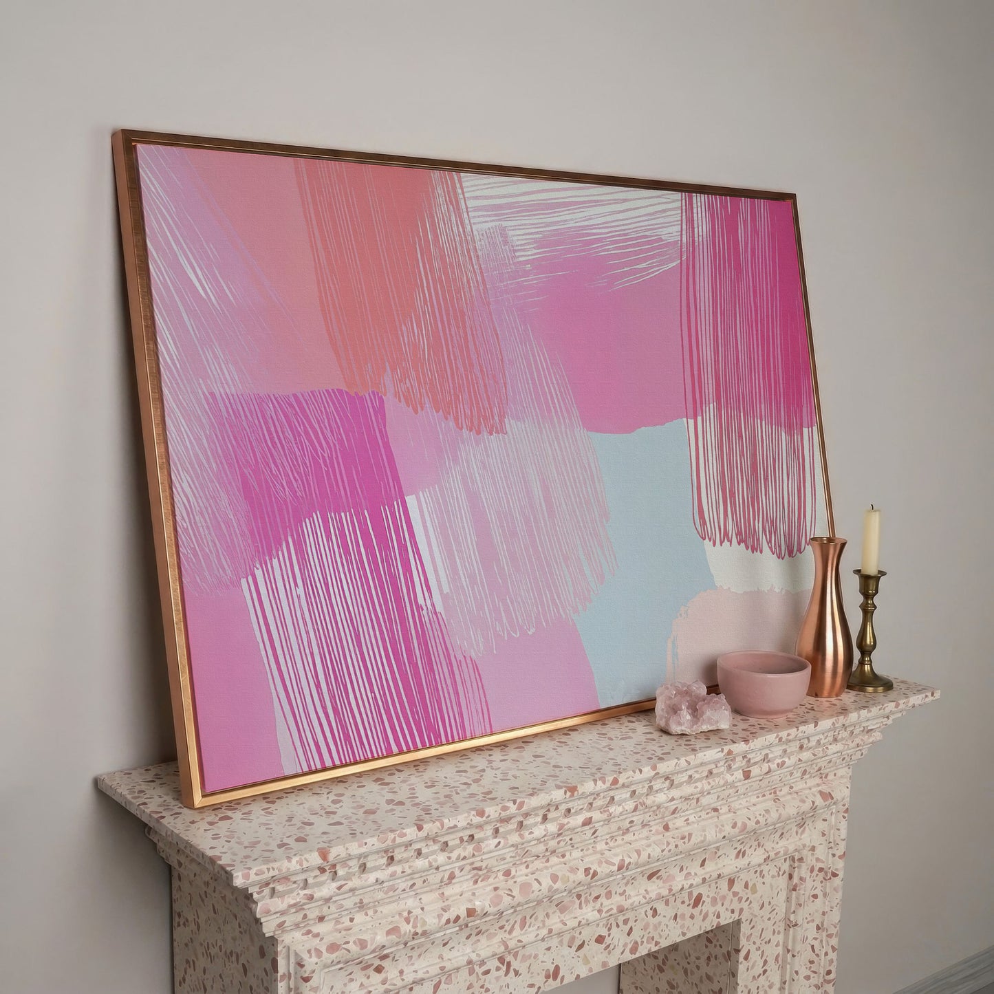 Pink Hues Abstract Canvas with Pastel Lines in rose gold floating frame