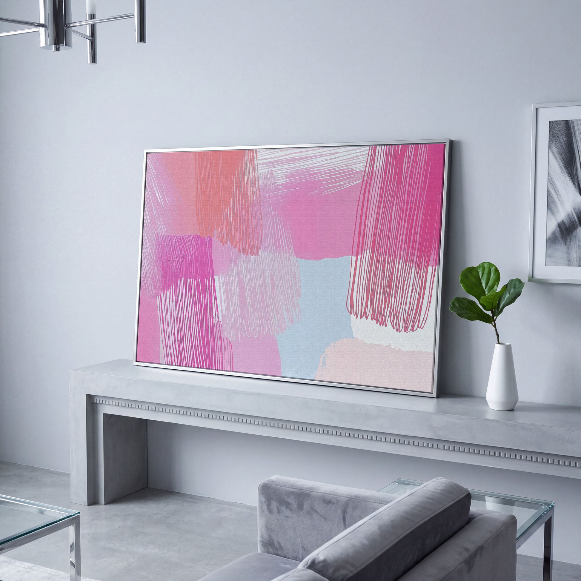 Pink Hues Abstract Canvas with Pastel Lines in silver floating frame