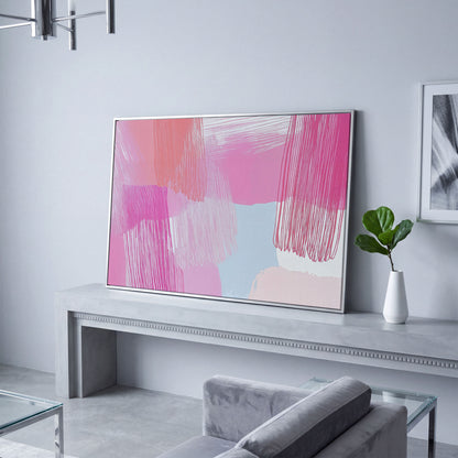 Pink Hues Abstract Canvas with Pastel Lines in silver floating frame