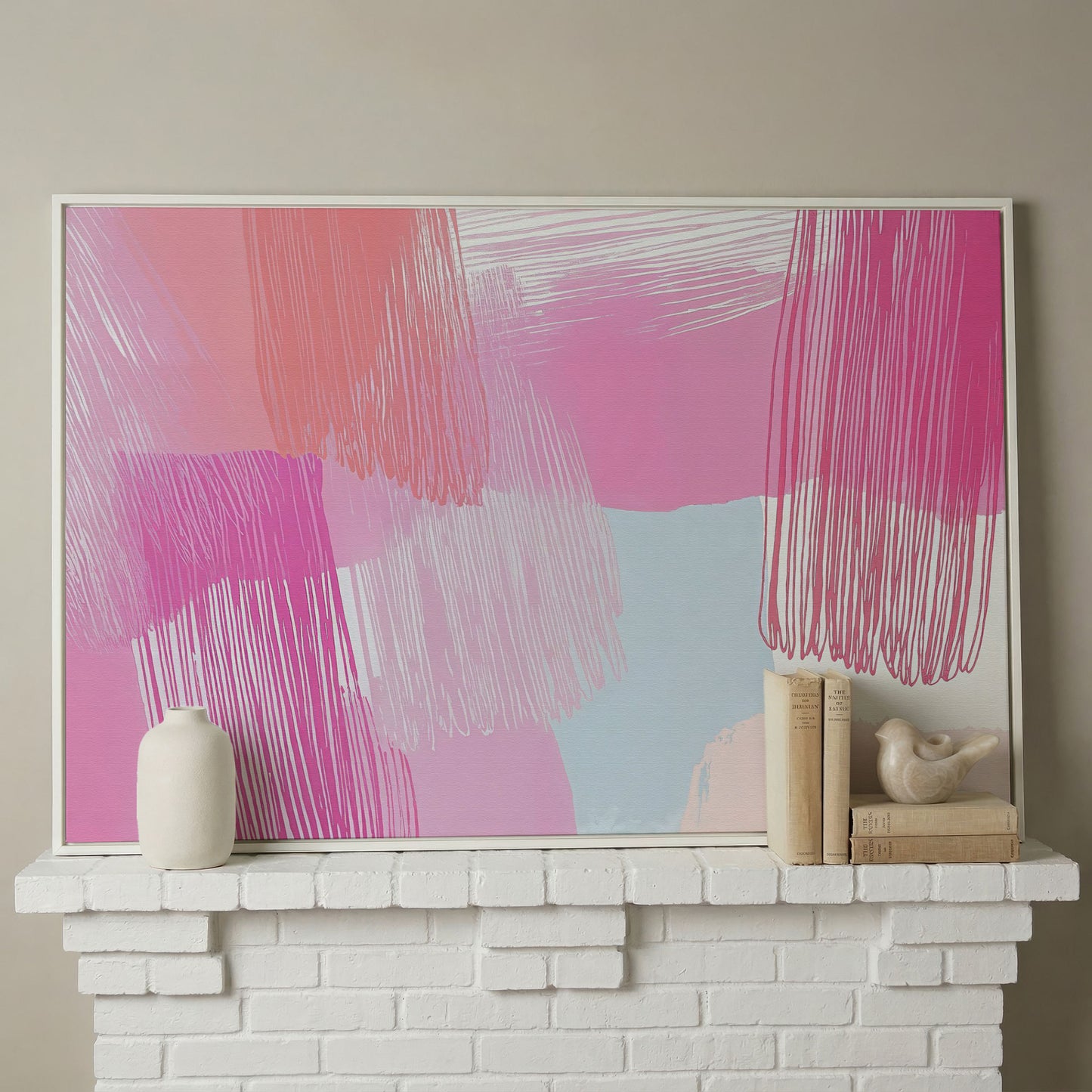 Pink Hues Abstract Canvas with Pastel Lines in white floating frame