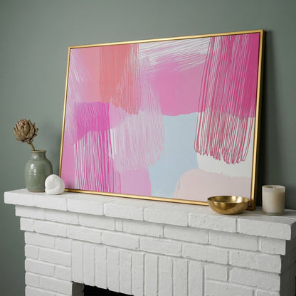 Pink Hues Abstract Canvas with Pastel Lines in yellow gold floating frame