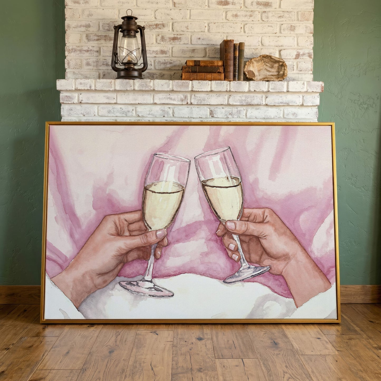 Champagne Toast Canvas Art in Rose Quartz and Gold in antique gold floating frame