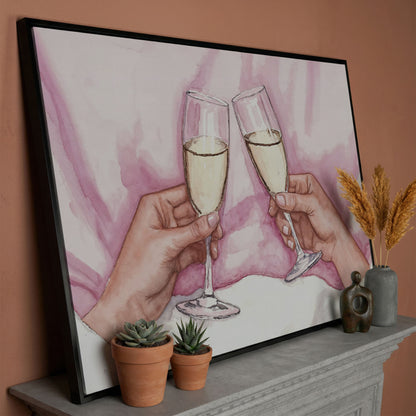 Champagne Toast Canvas Art in Rose Quartz and Gold in black floating frame