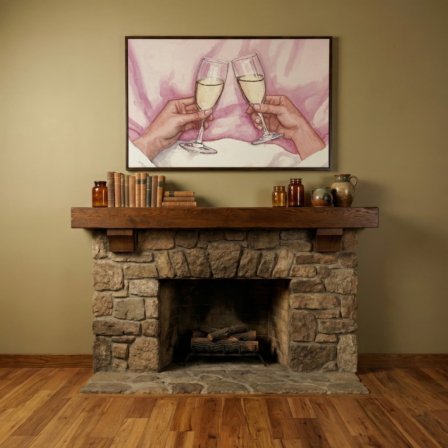Champagne Toast Canvas Art in Rose Quartz and Gold in dark walnut floating frame