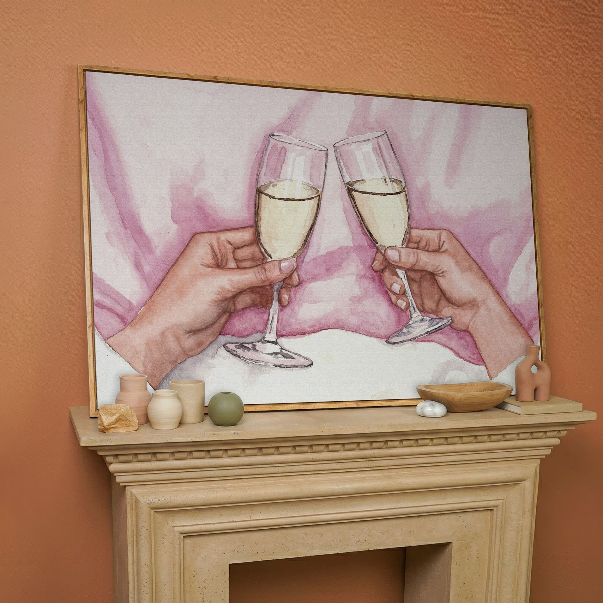 Champagne Toast Canvas Art in Rose Quartz and Gold in white oak floating frame