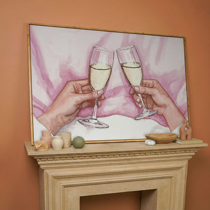 Champagne Toast Canvas Art in Rose Quartz and Gold in white oak floating frame