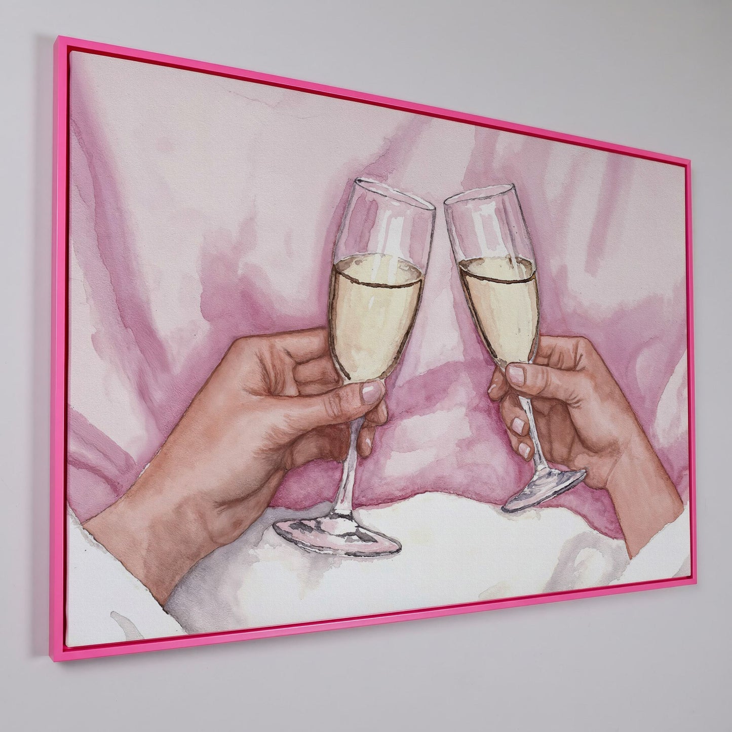 Champagne Toast Canvas Art in Rose Quartz and Gold in pink floating frame