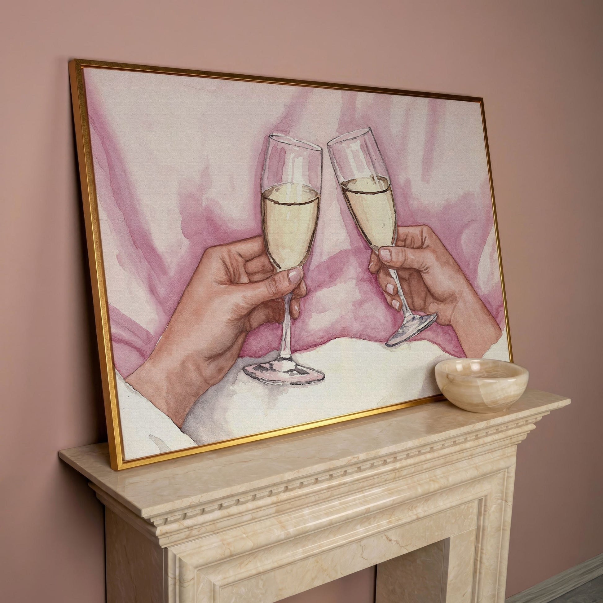 Champagne Toast Canvas Art in Rose Quartz and Gold in rose gold floating frame