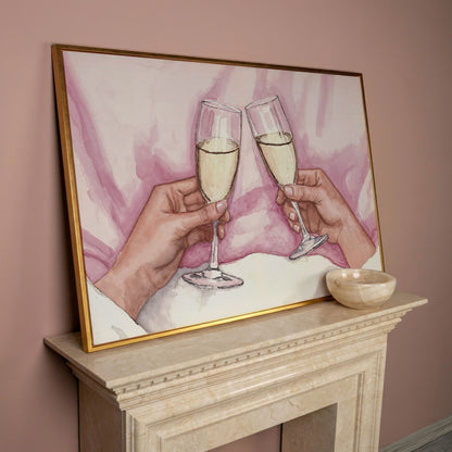 Champagne Toast Canvas Art in Rose Quartz and Gold in rose gold floating frame