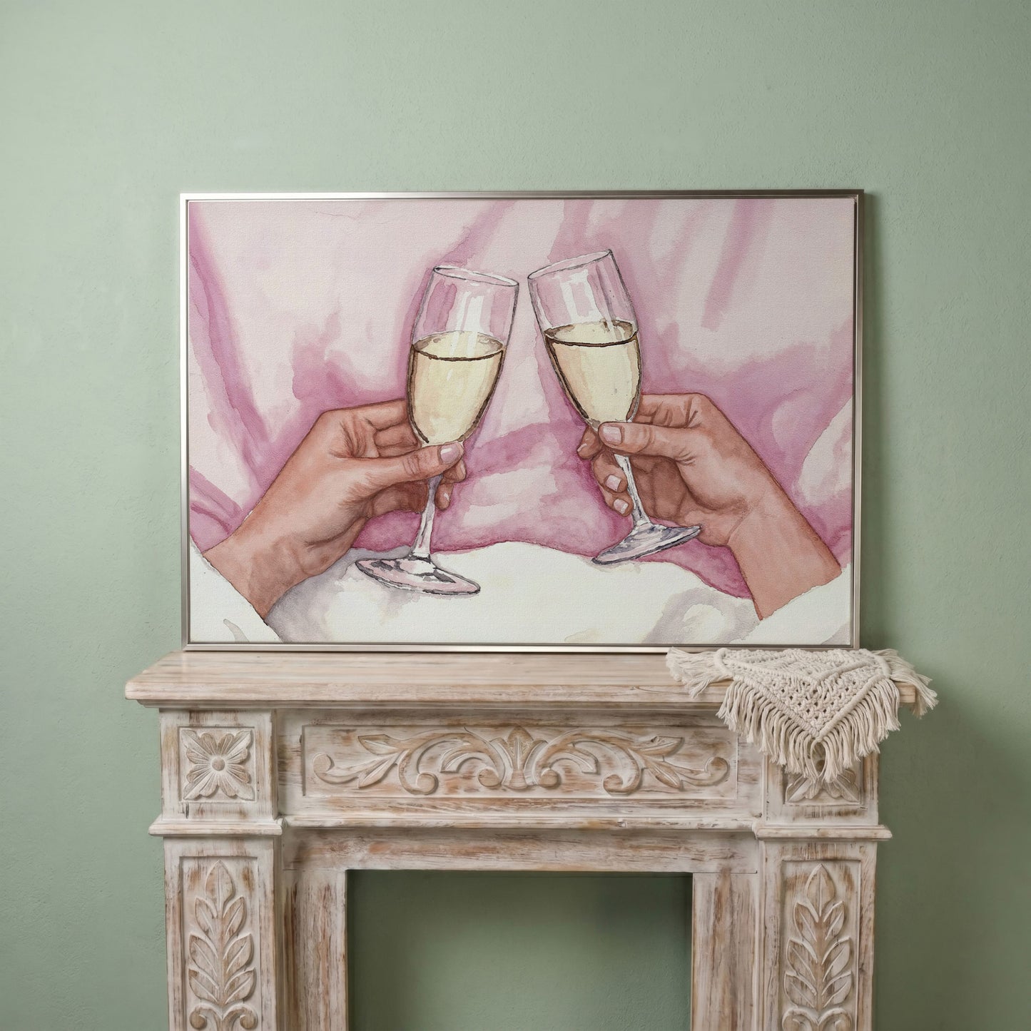 Champagne Toast Canvas Art in Rose Quartz and Gold in silver floating frame