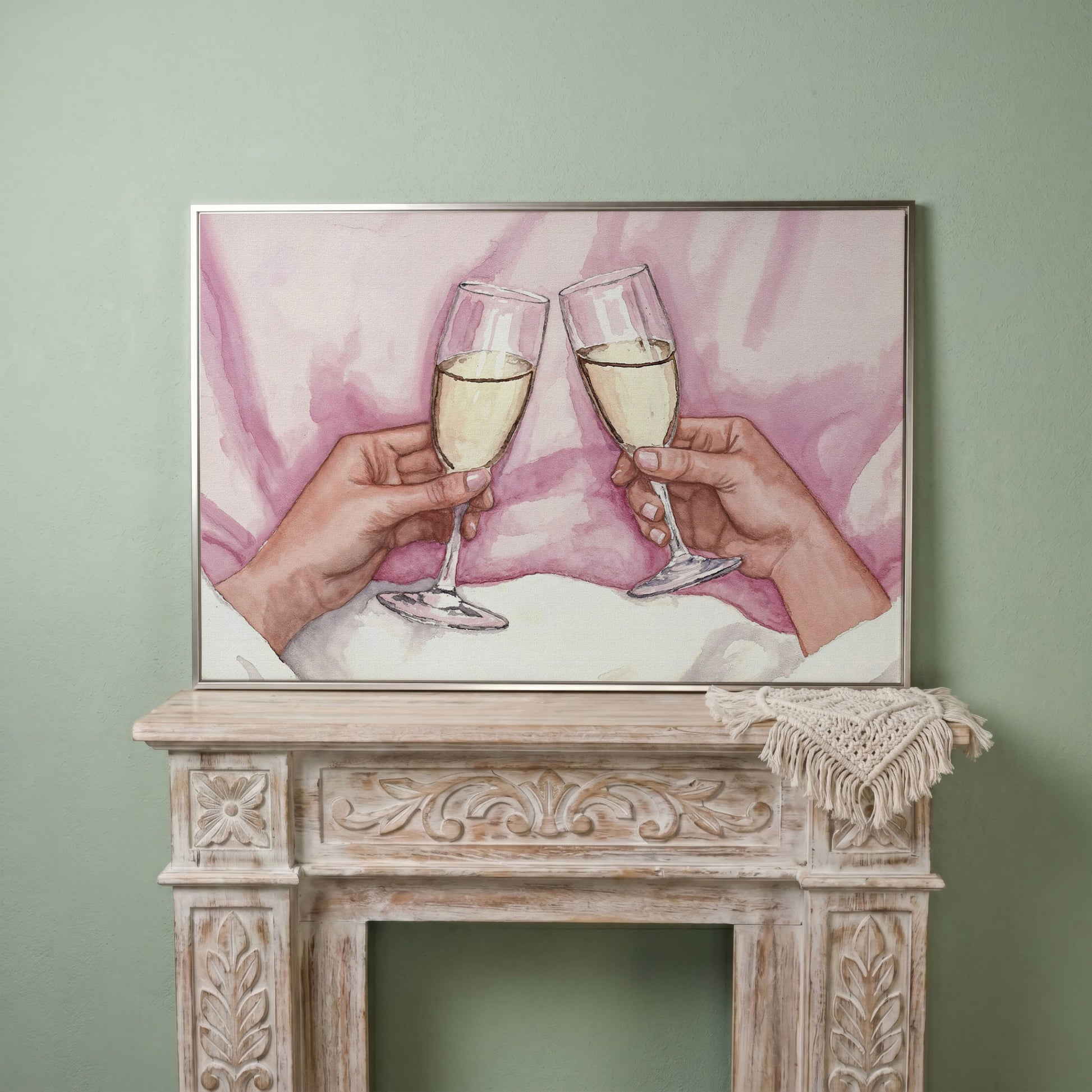 Champagne Toast Canvas Art in Rose Quartz and Gold in silver floating frame