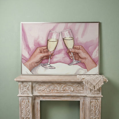 Champagne Toast Canvas Art in Rose Quartz and Gold in silver floating frame