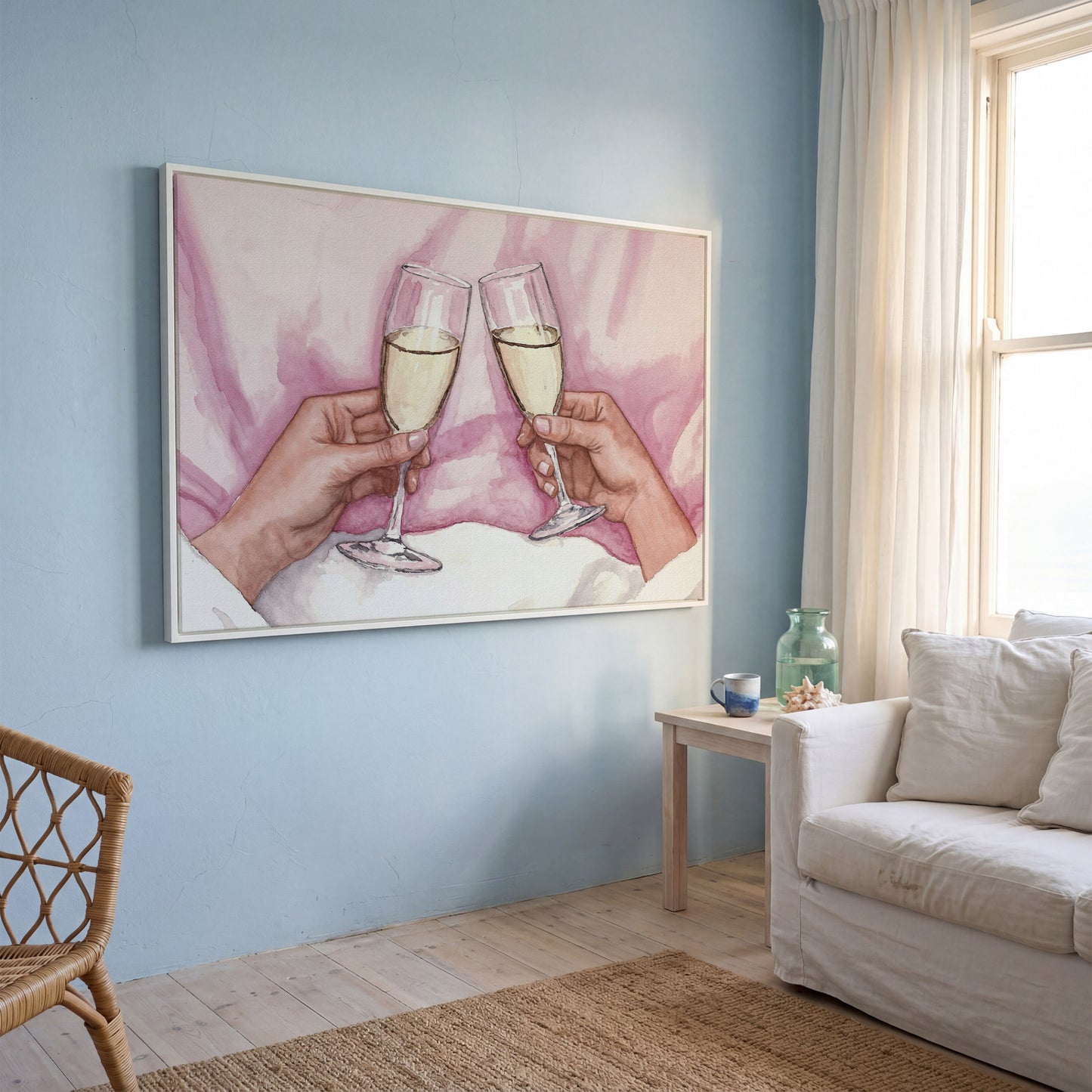 Champagne Toast Canvas Art in Rose Quartz and Gold in white floating frame
