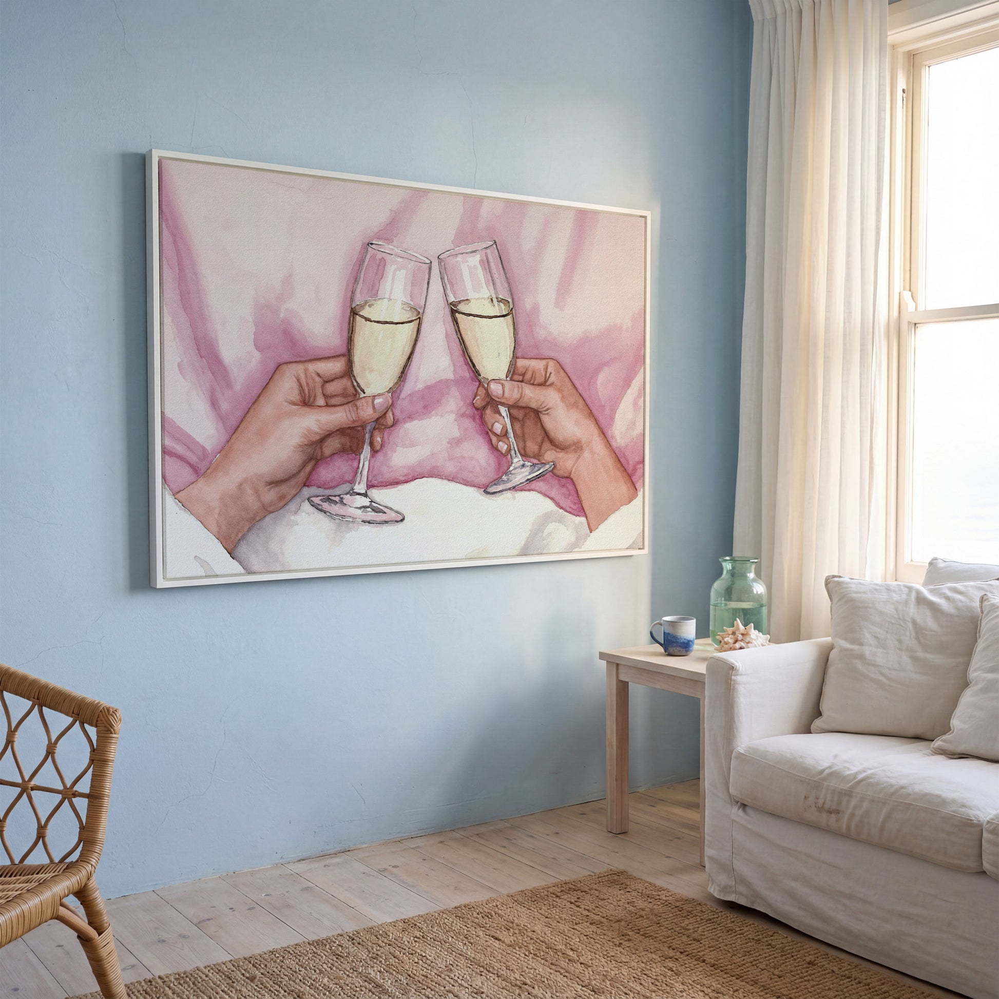 Champagne Toast Canvas Art in Rose Quartz and Gold in white floating frame