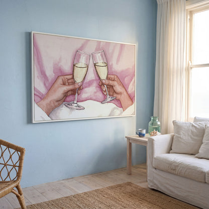 Champagne Toast Canvas Art in Rose Quartz and Gold in white floating frame