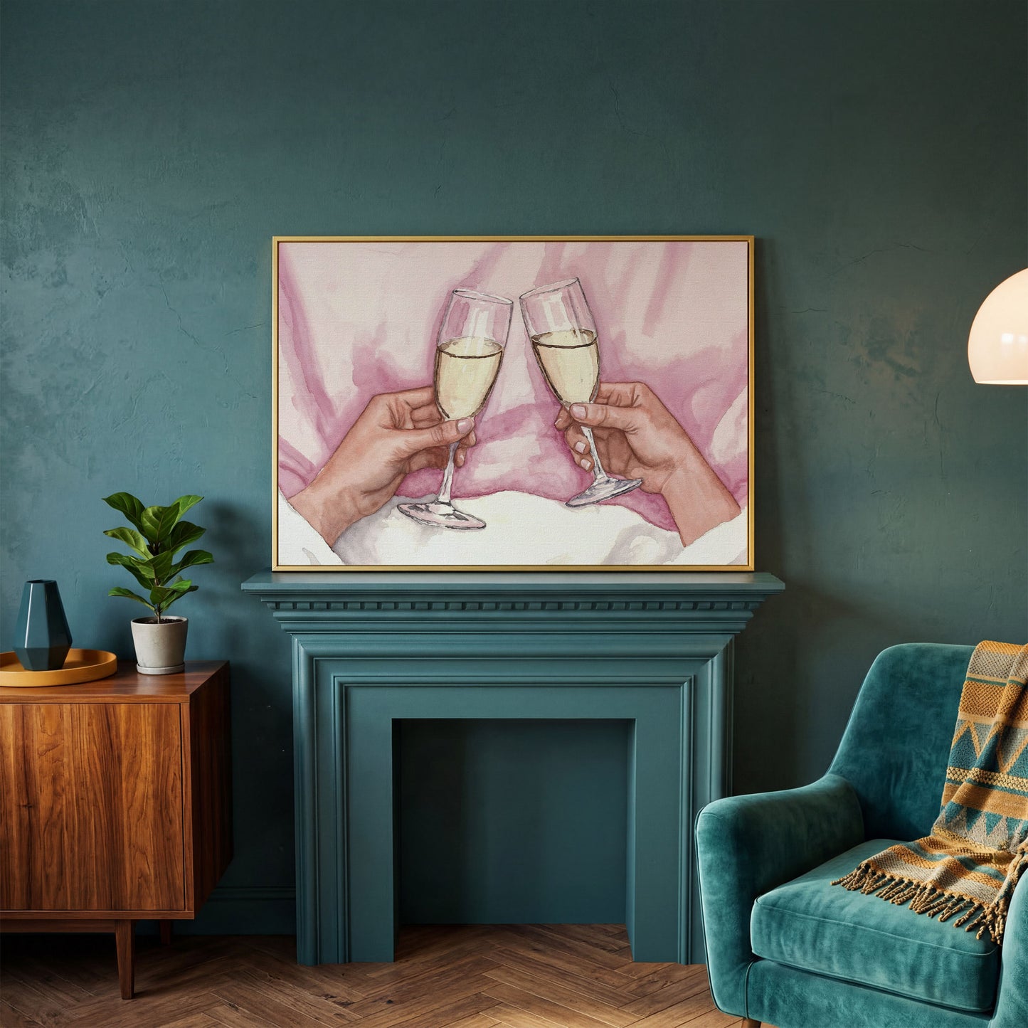 Champagne Toast Canvas Art in Rose Quartz and Gold in yellow gold floating frame