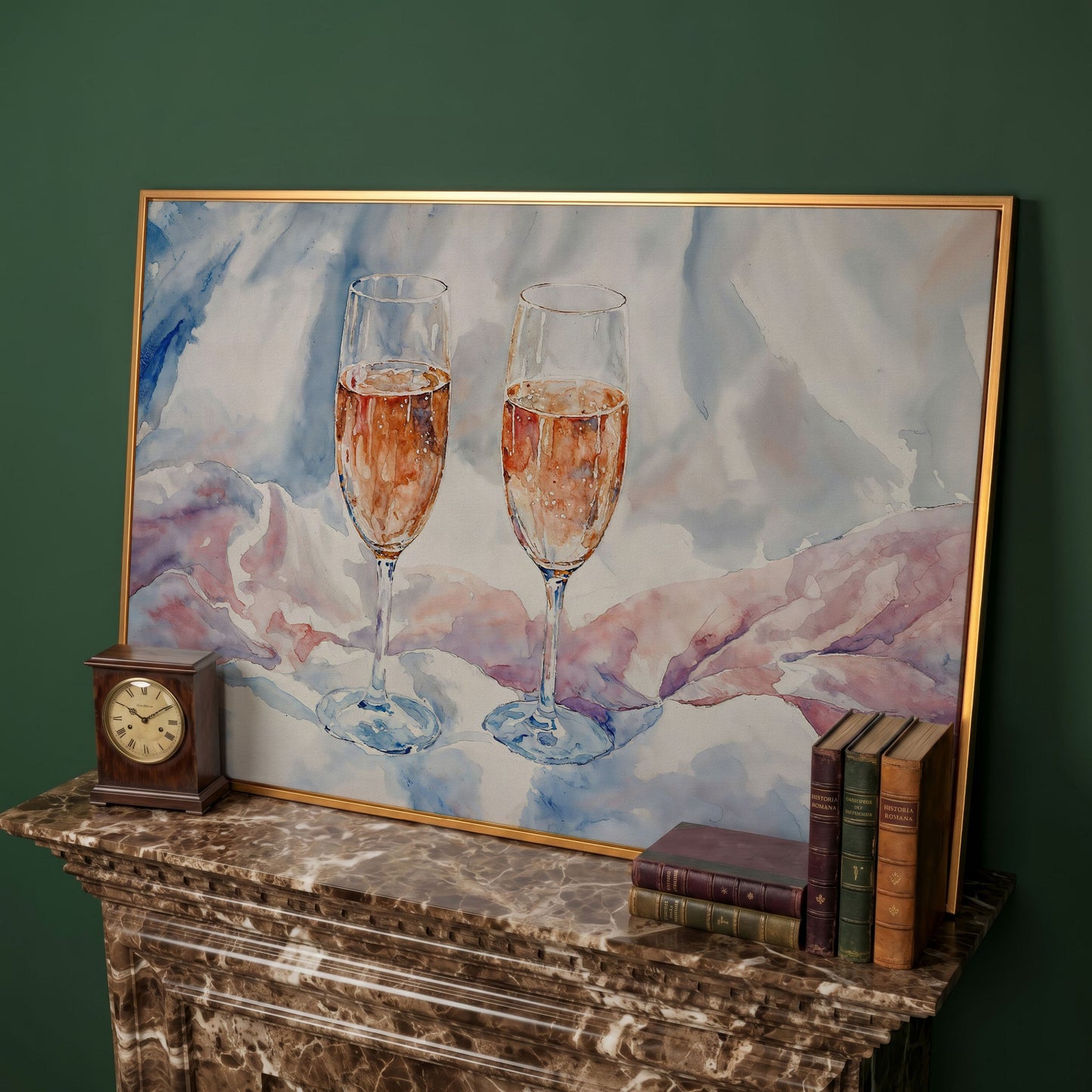 Pink Watercolor Champagne Abstract Canvas in antique gold floating frame