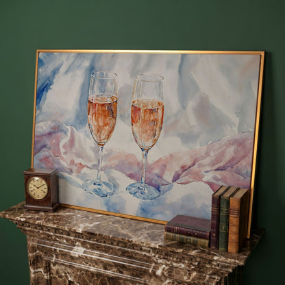 Pink Watercolor Champagne Abstract Canvas in antique gold floating frame