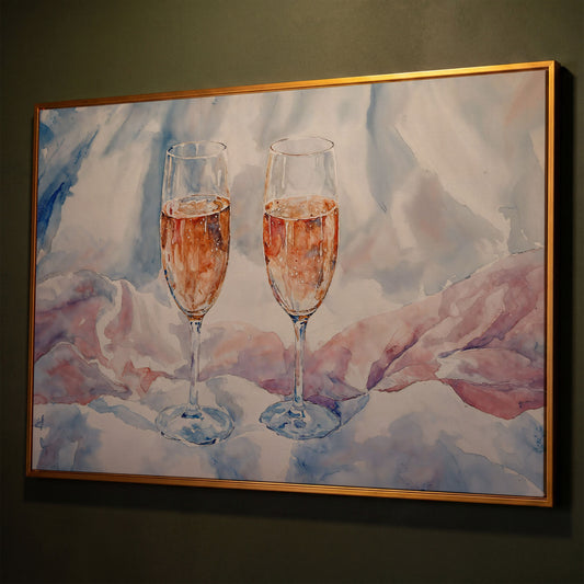 Pink Watercolor Champagne Abstract Canvas shown in antique gold floating frame