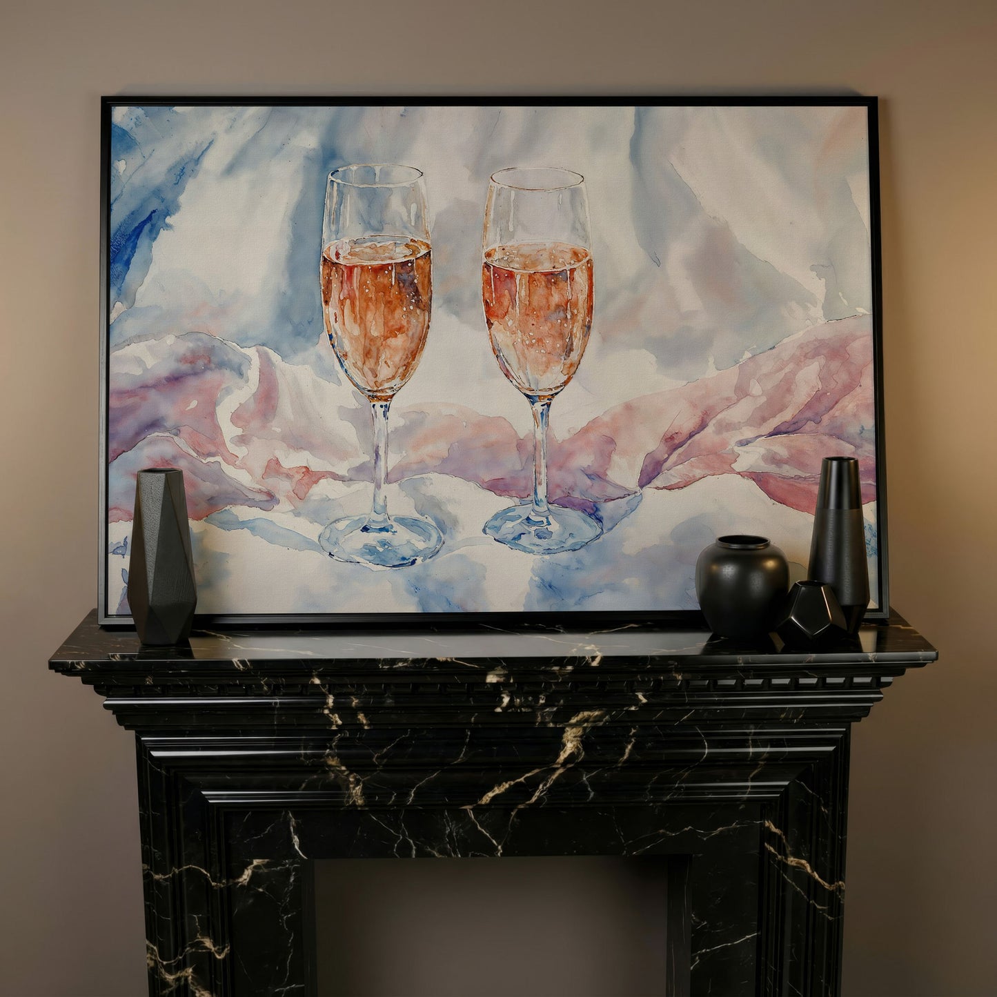 Pink Watercolor Champagne Abstract Canvas in black floating frame