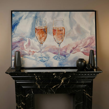 Pink Watercolor Champagne Abstract Canvas in black floating frame